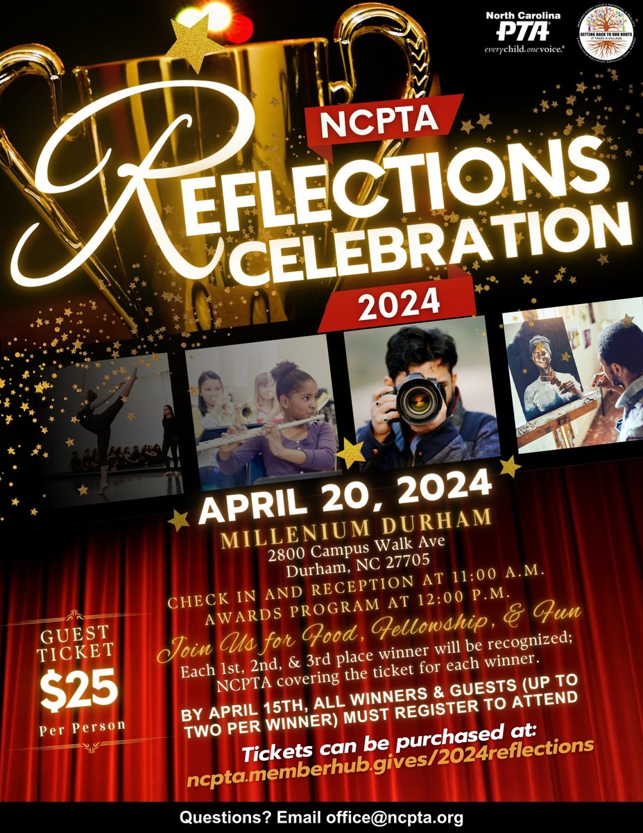 Get ready for the 2024 NCPTA Reflections Celebration!! Join us Saturday, April 20th for an afternoon of food, fun, and fellowship as we recognize our 1st, 2nd, and 3rd place winners. Guest tickets are $25 per person. Tickets can be purchased at ncpta.memberhub.gives/2024reflections