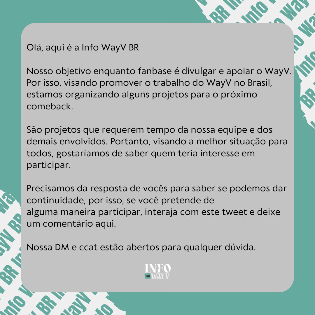 [🩵] - COMEBACK DO WAYV

Se você tem interesse em participar dos projetos, deixa um comentário aqui! 

#WayV #WeiShenV #威神V #웨이션브이 <a href="/WayV_official/">WayV</a>