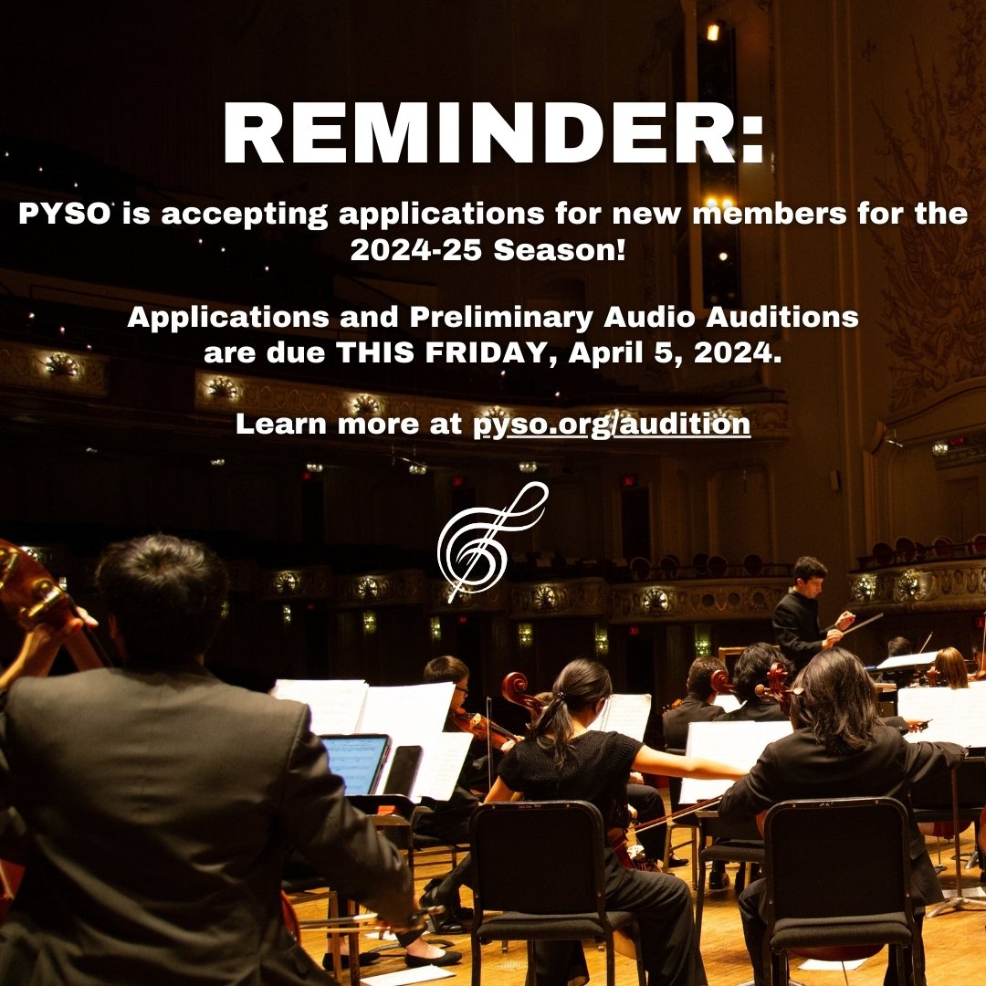 Applications and preliminary audio auditions for NEW PYSO Members for the 2024-2025 season are due this Friday, April 5. Don't miss out on this incredible opportunity to join our passionate community of musicians!! Visit pyso.org/audition for more information.