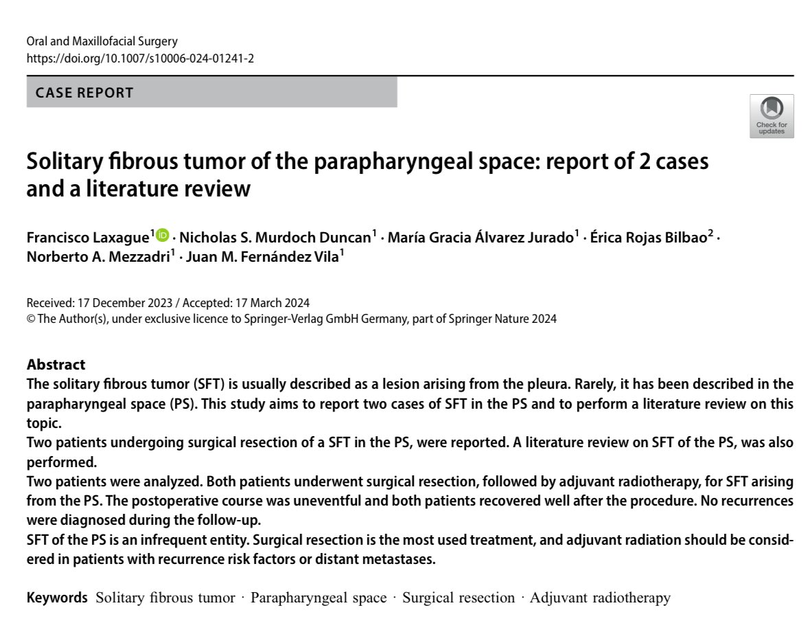 Happy to share a new publication! <a href="/HAlemanBsAs/">Hospital Alemán</a>
We reported 2 cases of solitary fibrous tumor of the parapharyngeal space and we performed a literature review in order to suggest a novel diagnostic and treatment algorithm.