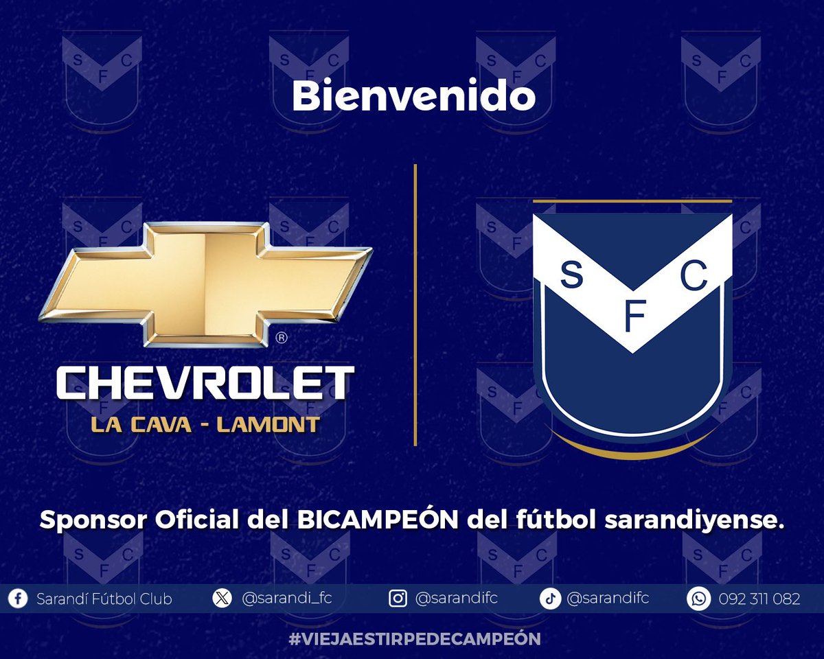 ¡HOLA CHEVROLET! 👋

CHEVROLET (LA CAVA - LAMONT) volverá a ser el sponsor principal del Sarandi FC luego de algunos años. 🫡

¡BIENVENIDOS NUEVAMENTE AL SARANDI FUTBOL CLUB! 🔵⚪️

Gracias por acompañarnos en este 2024 lleno de desafios 🙌

#ViejaEstirpeDeCampeón