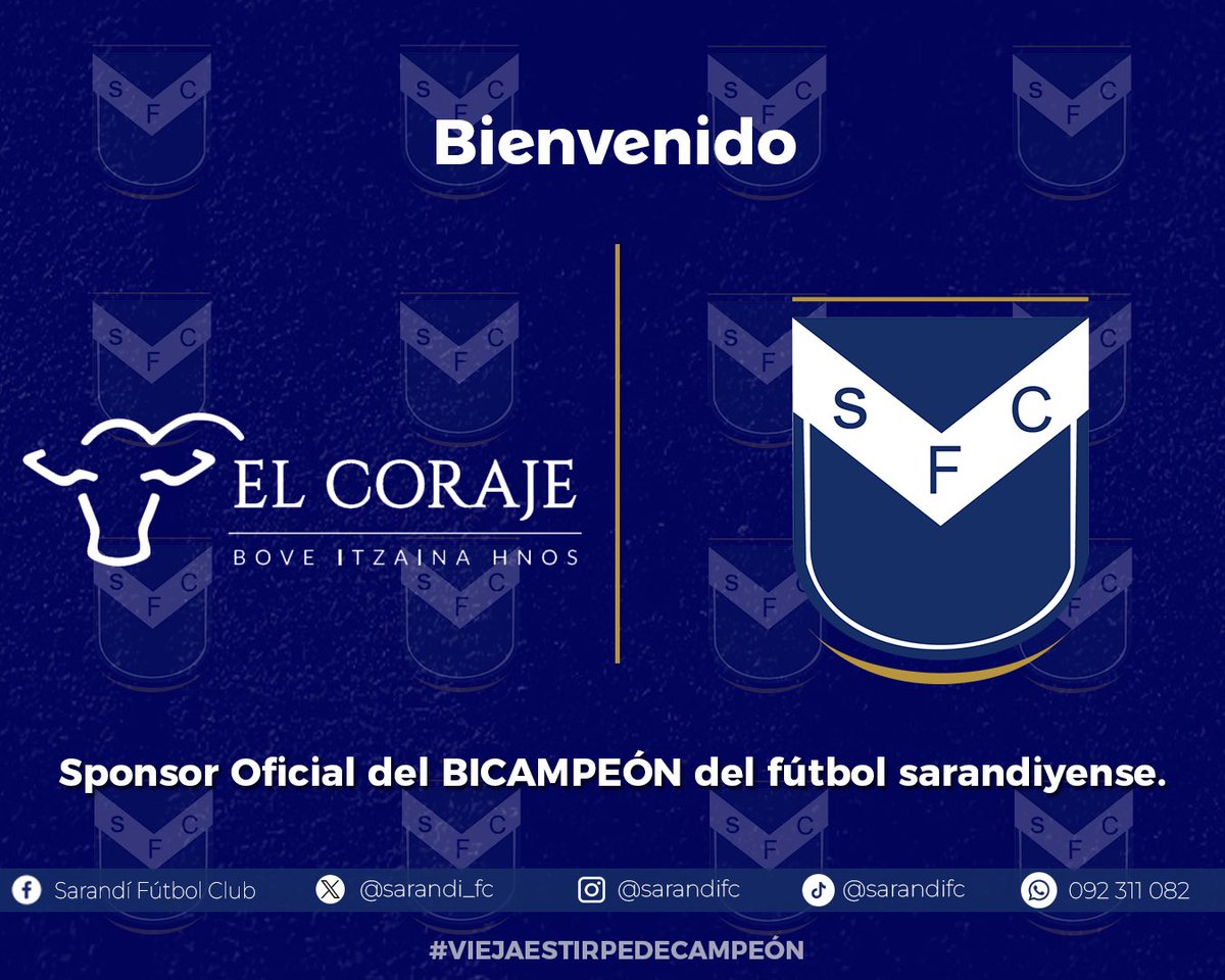 ¡HOLA EL CORAJE! 👋

EL CORAJE (BOVE ITZAINA HNOS) es el nuevo sponsor del Sarandí FC por todo este 2024. 🫡

¡BIENVENIDOS AL SARANDI FÚTBOL CLUB! 🔵⚪️

Gracias por acompañarnos en este 2024 lleno de desafios 🙌

#ViejaEstirpeDeCampeón