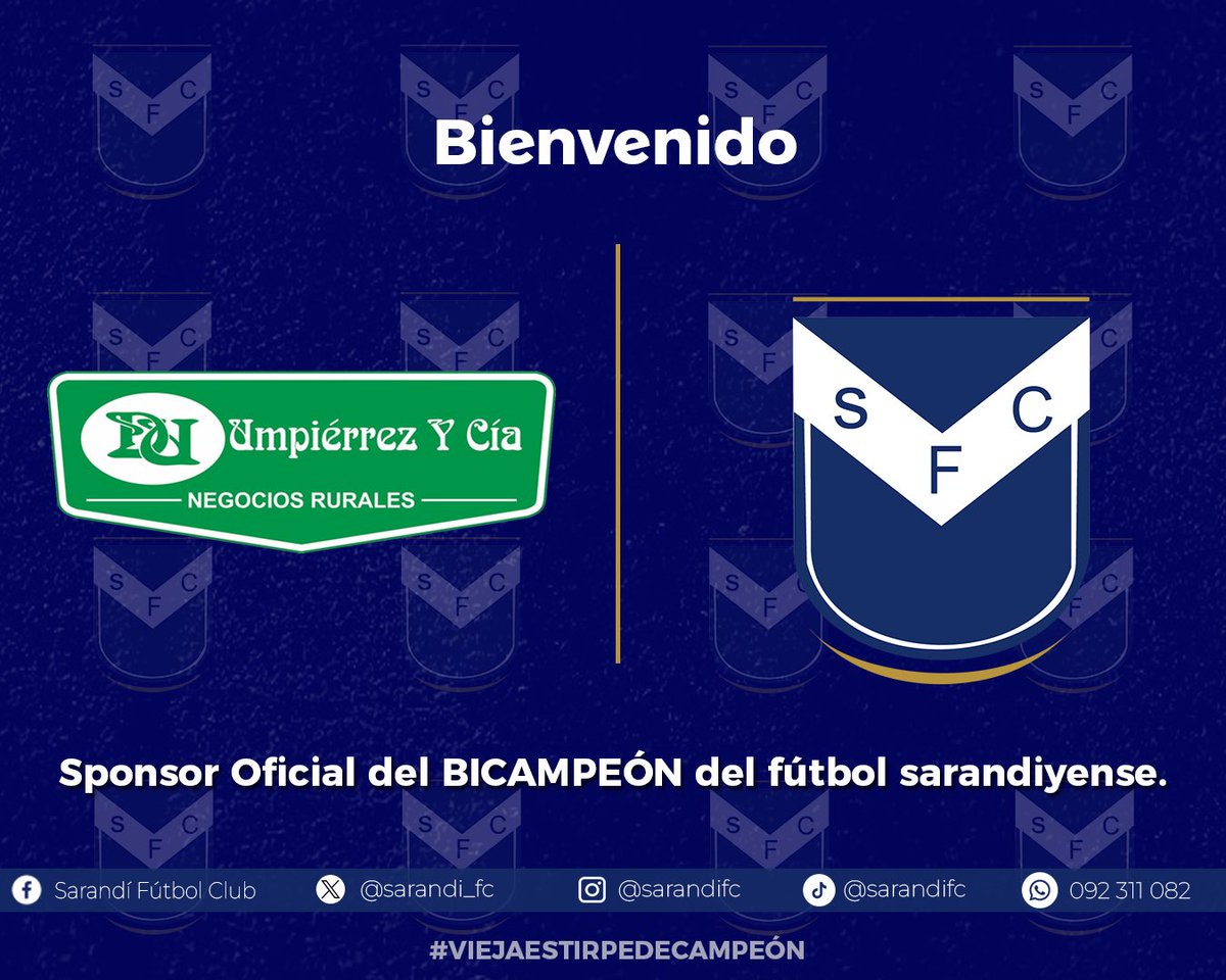 ¡HOLA UMPIERREZ Y CIA! 👋

UMPIERREZ Y CIA - NEGOCIOS RURALES también será nuevo sponsor del Sarandí FC por todo el año 2024. 🫡

¡BIENVENIDOS AL SARANDI FÚTBOL CLUB! 🔵⚪️

Gracias por acompañarnos en este 2024 lleno de desafios 🙌

#ViejaEstirpeDeCampeón