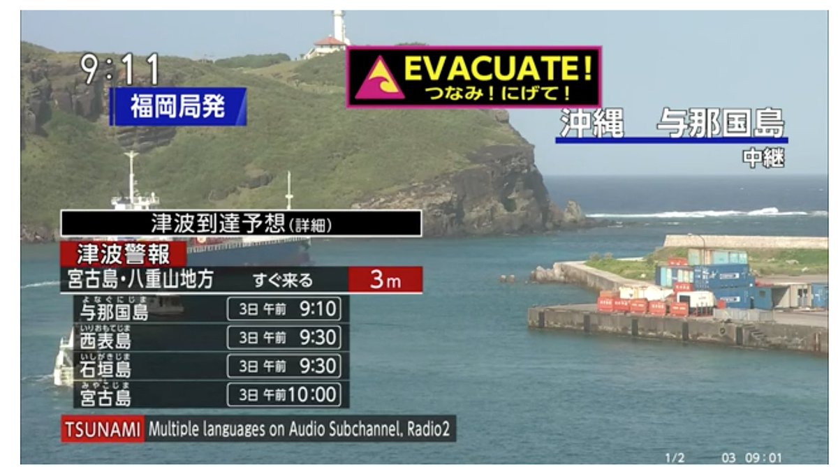 NHK TV warns of approaching 3-meter tsunami following magnitude-7.5 #earthquake shows boats and ships quickly leaving harbor on Yonaguni Island