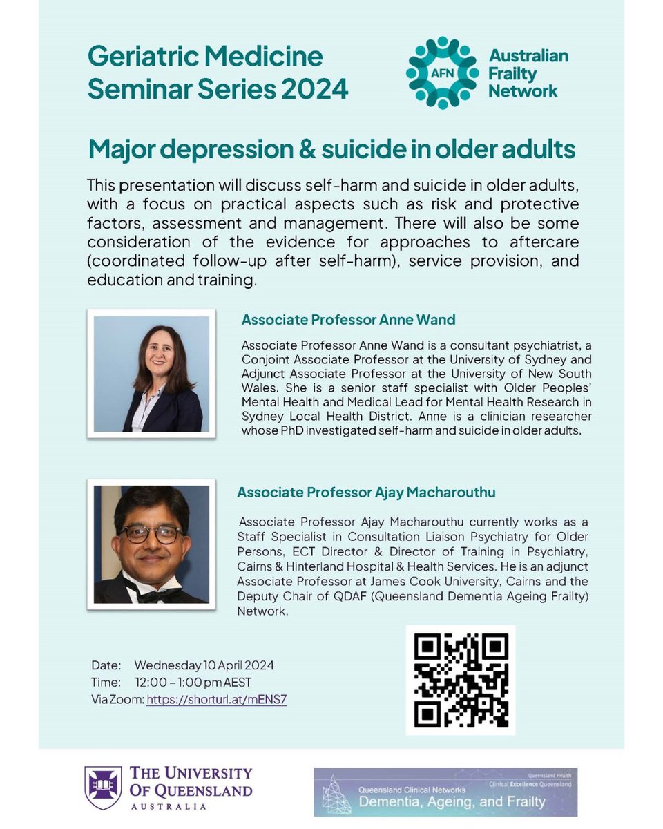 This time next week: #CHSR @AusFrailty Geriatric Seminar Series discussing major depression & suicide in older adults. Register now: afn.org.au/geriatric-semi… #geriatricmedicine #depression #olderadults @ajjuss