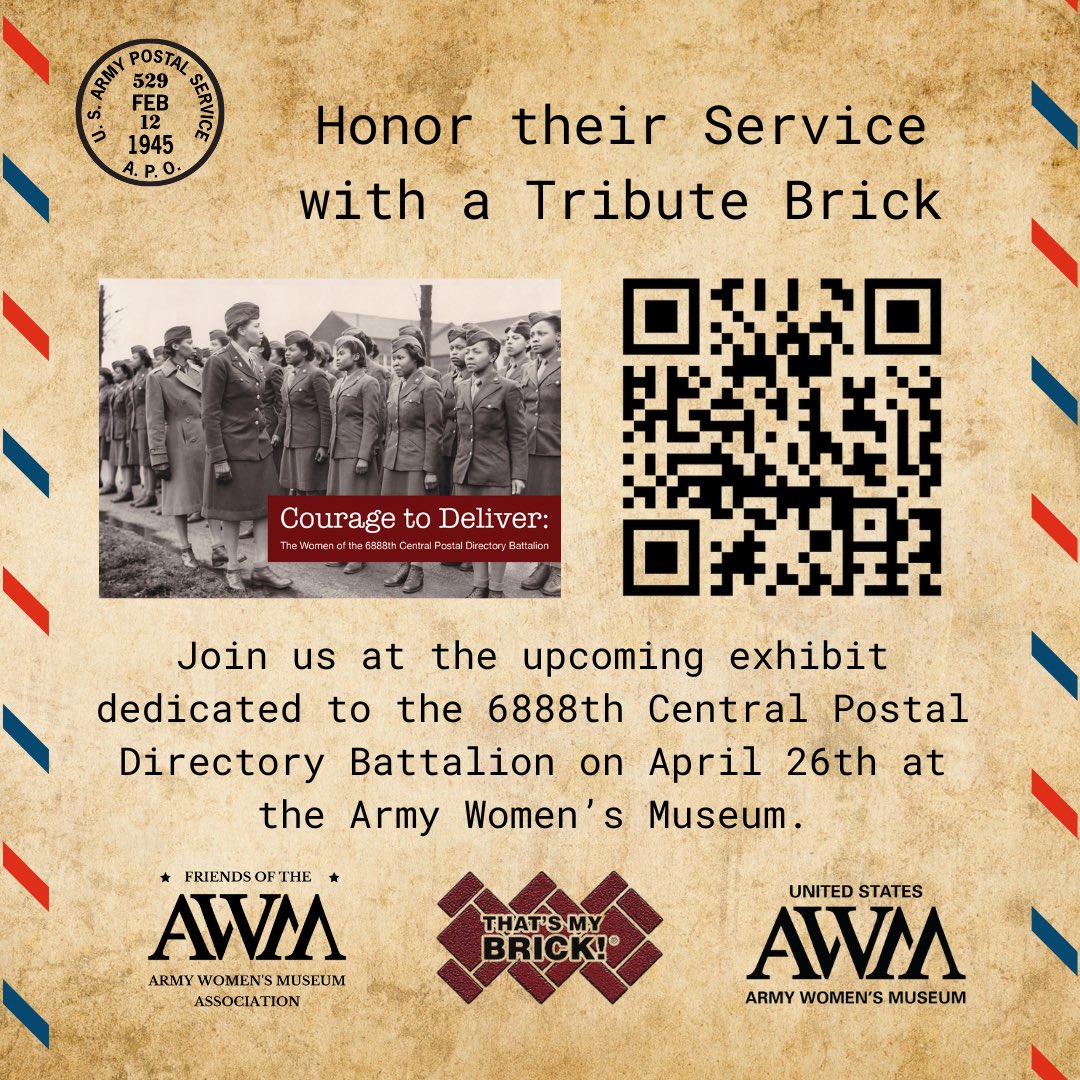 Unveiling stories of strength and resilience through the 6888th Central Postal Directory Battalion Exhibit. Support our exhibit by purchasing a brick and leaving your mark in history at the Army Women’s Museum. thatsmybrick.com/armywmnsva #BuildingALegacy