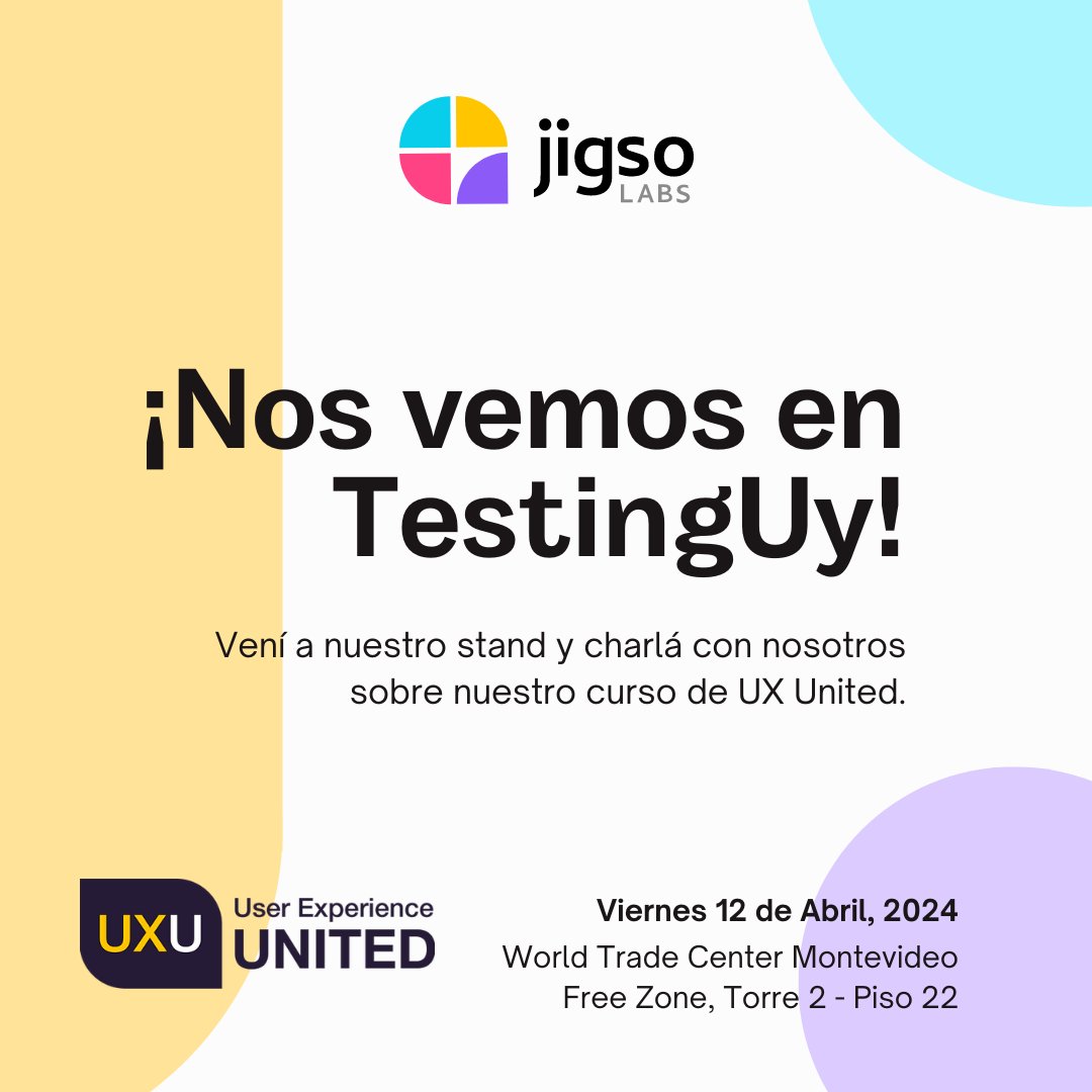 ¡Te esperamos el 12 de abril en nuestro stand en @TestingUy! 🚀

No te pierdas la oportunidad de conversar con Joanna Arnaiz, experta en UX y co-autora del curso <a href="/ux_united/">UX United</a>  y Martín Loskin, experto en UX y master trainer del curso.

#testinglatam #ux #userexperience #testinguy
