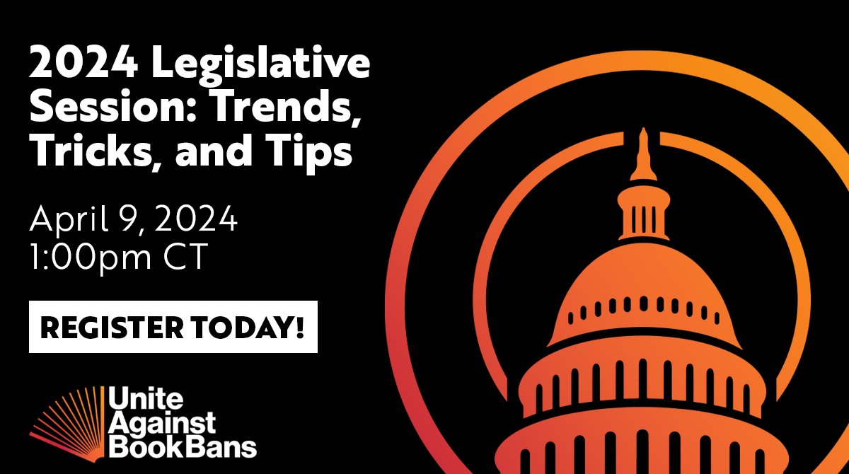 Next Tuesday, 4/9! Join #UniteAgainstBookBans for an update on the state of legislation in 2024. Speakers will cover Right to Read bills, legislative efforts to criminalize librarians and educators, age verification laws, & more. Registration required: ala-events.zoom.us/webinar/regist…