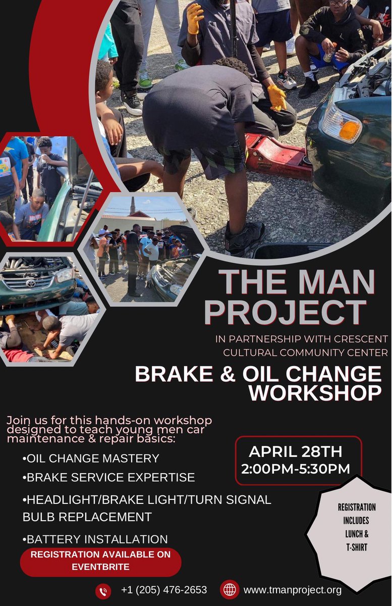 🚗 Ready to get hands-on with car maintenance and repair? Join us at The Man Project's Brake & Oil Change Workshop on 4/28! 🔧 Led by industry professionals, this workshop will empower young men aged 8-17 with essential auto repair skills. Don't miss out – register today! ⬇