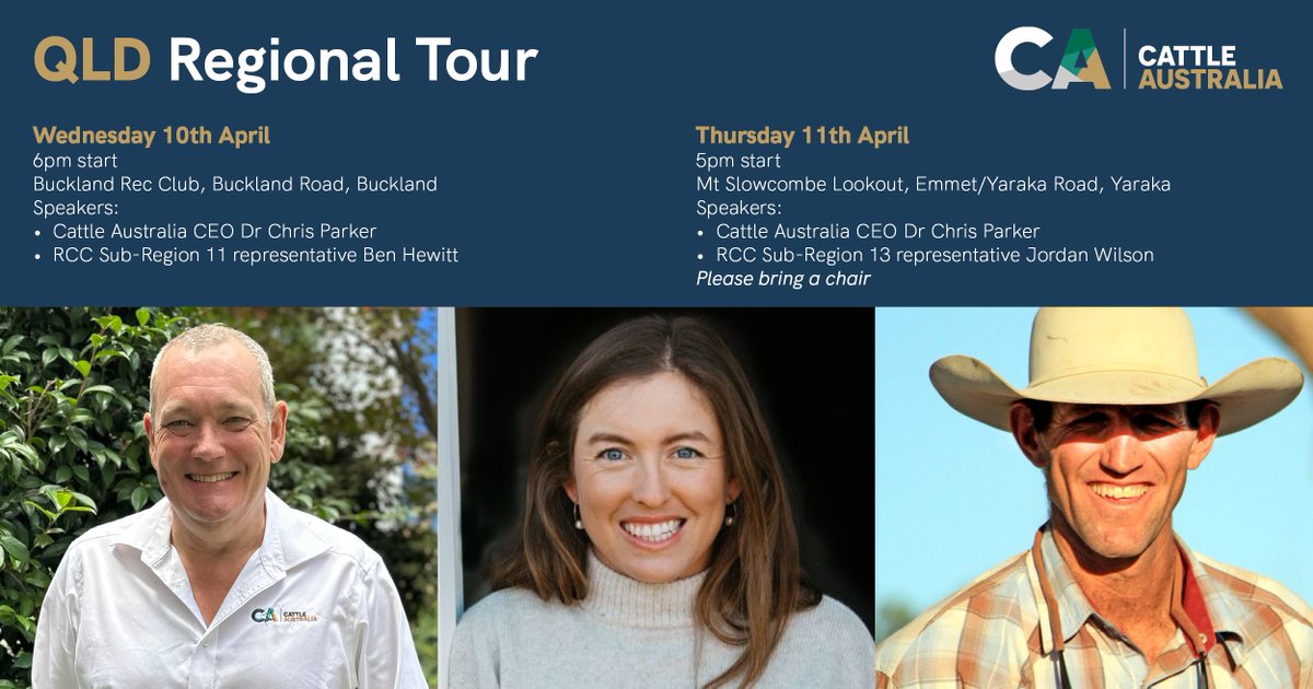 Don’t forget about our QLD Regional Tour, which kicks off on Monday. First stop is Toogoolawah, followed by Oombabeer, Buckland and Yaraka. Full details below. Dinner and drinks will be provided. RSVP to Sara Cue - 0418 165 340 or saracue@cattleaustralia.com.au