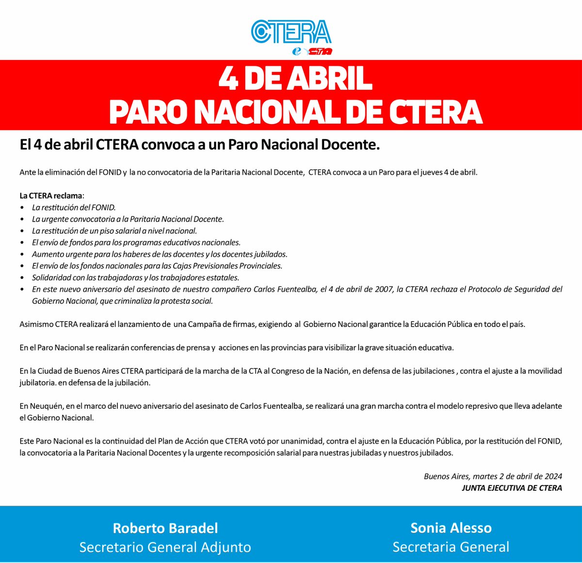 almazan_silvia's tweet photo. Ctera Convoca el 4 de abril a Paro Nacional Docente por los fondos nacionales para la educación pública y salarios docentes (FONID) y actualización salarial de de los jubilados docentes. @cteracta @SUTEBAProvincia @ctabsas @CTAok https://t.co/aMQA6pr2OT