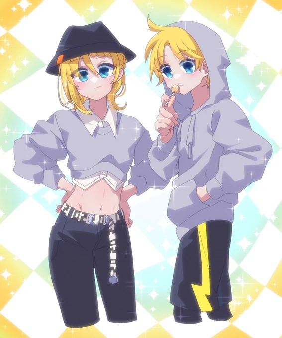 fran_フランさんのリンちゃんとレンくん!クールでステキなコーデだホー!2人でお揃いの色合いなのも(・∀・)イイ!!ホー!【】 #piapro #鏡音リン #鏡音レン 