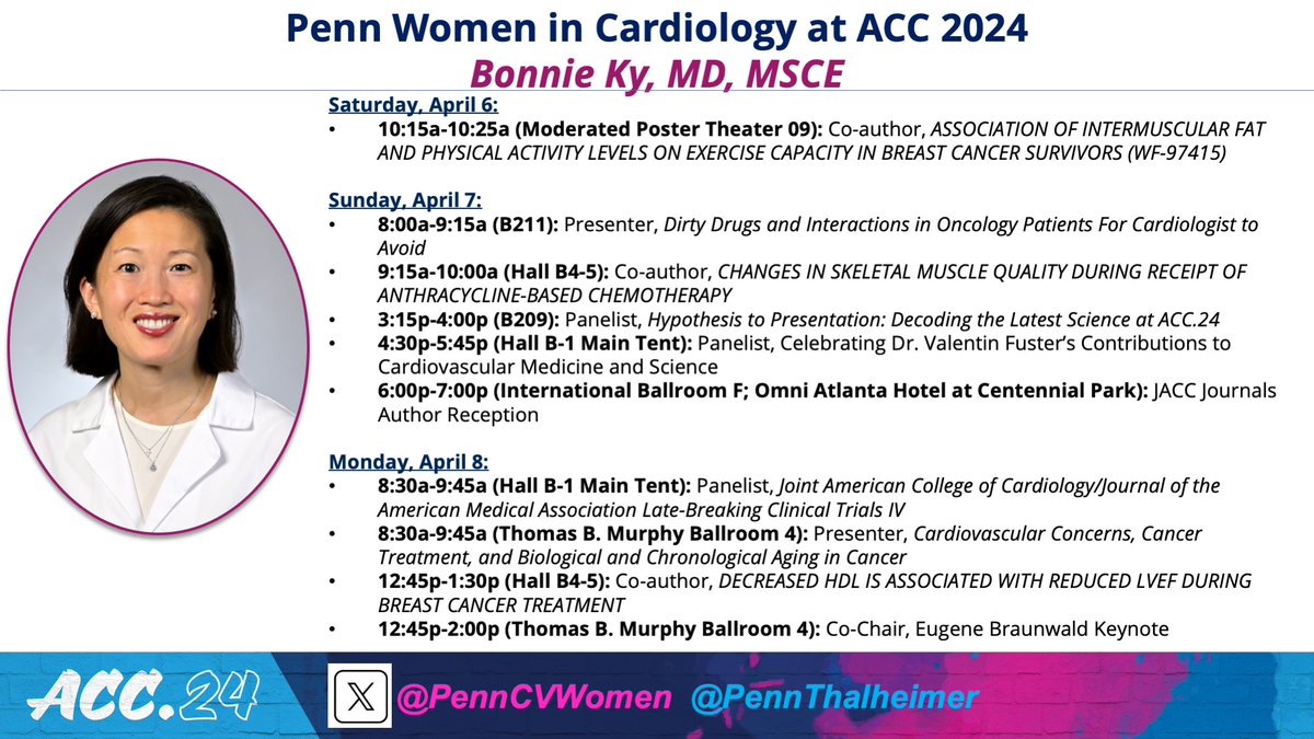 #JACCCardioOnc @JACCJournals Editor-in-Chief and @PennThalheimer Director #BonnieKy will be presenting/moderating/presenting science on topics related to #cardioonc #ACC24