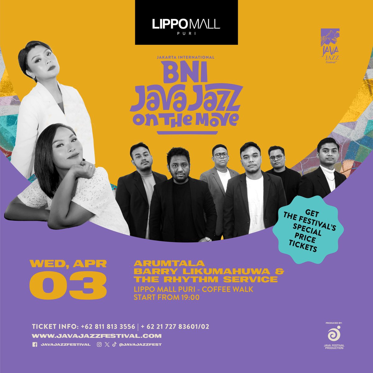 It's your favorite pre-event show, BNI Java Jazz On The Move. Catch Arumtala and Barry Likumahuwa & The Rhythm Service at Lippo Mall puri Indah on April 3rd. Get special ticket prices for #BNIJJF2024 exclusively at BNI Java Jazz on the Move!