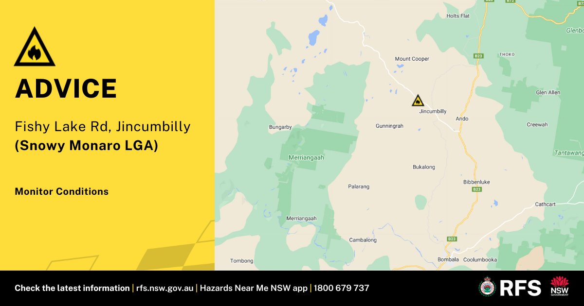 Advice: Fishy Lake Rd, Jincumbilly (Snowy Monaro LGA) RFS crews are currently working to contain a grass fire in the vicinity of The Snowy River Way, 20km north west of Bombala. There is no immediate threat to homes in the area. rfs.nsw.gov.au/fire-informati…