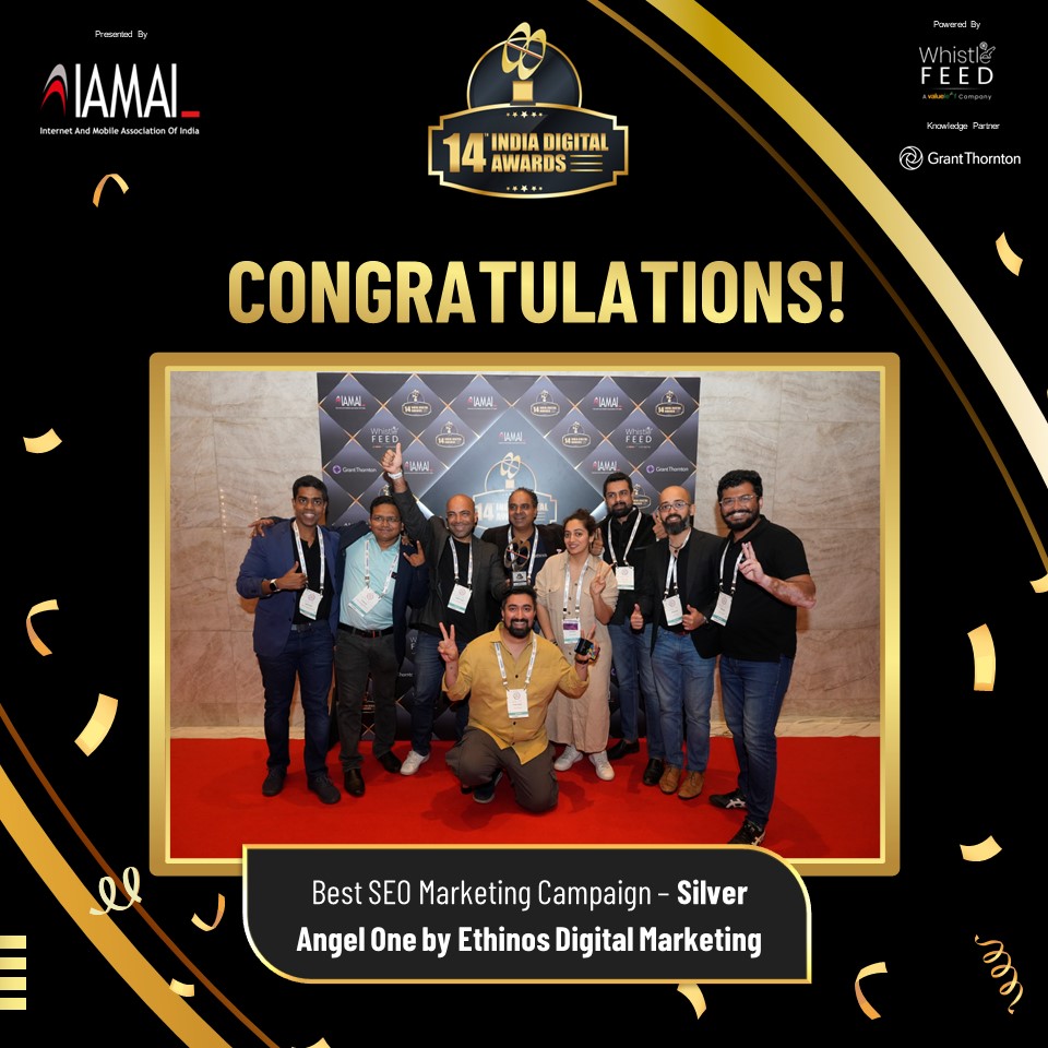 We are delighted to announce Angel One by Ethinos Digital Marketing as the Silver winner under the subcategory of Best SEO Marketing Campaign for the 14th edition of India Digital Awards, instituted under the India Digital Summit. lnkd.in/dHccZ7pN #IDA #IAMAI