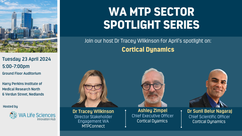 Join the WA Life Sciences Innovation Hub for a WA MTP Sector Spotlight event with @CORTICAL10's Ashley Zimpel & Dr Sunil Belur Nagaraj on 23 April. Learn about their groundbreaking Brain Anaesthesia Response Monitor (BARM™) & network with the sector. bit.ly/43J3a0u