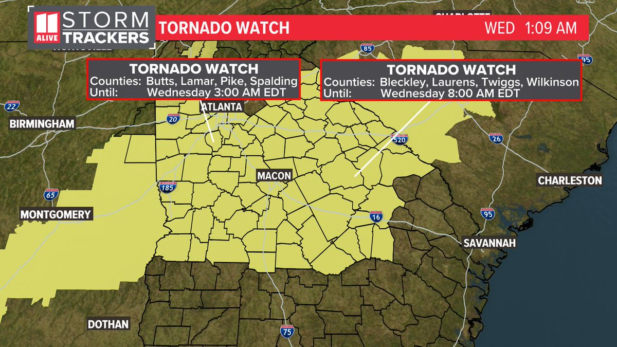 A Tornado Watch has been issued for the area highlighted until 4/03 8:00AM. Track storms now: 11alive.com/radar #storm11 #gawx