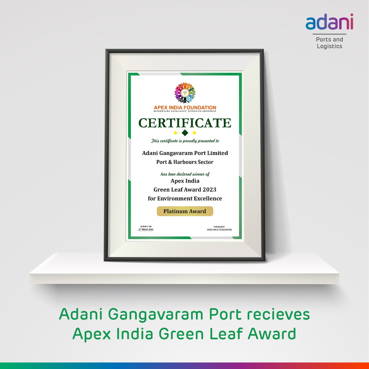 #GangavaramPort has been honoured with the Apex India #GreenLeafAward for Environment Excellence 2023 in the Ports & Harbours Sector by the Apex India Foundation. Grateful for this recognition of our commitment to sustainability and environmental stewardship!