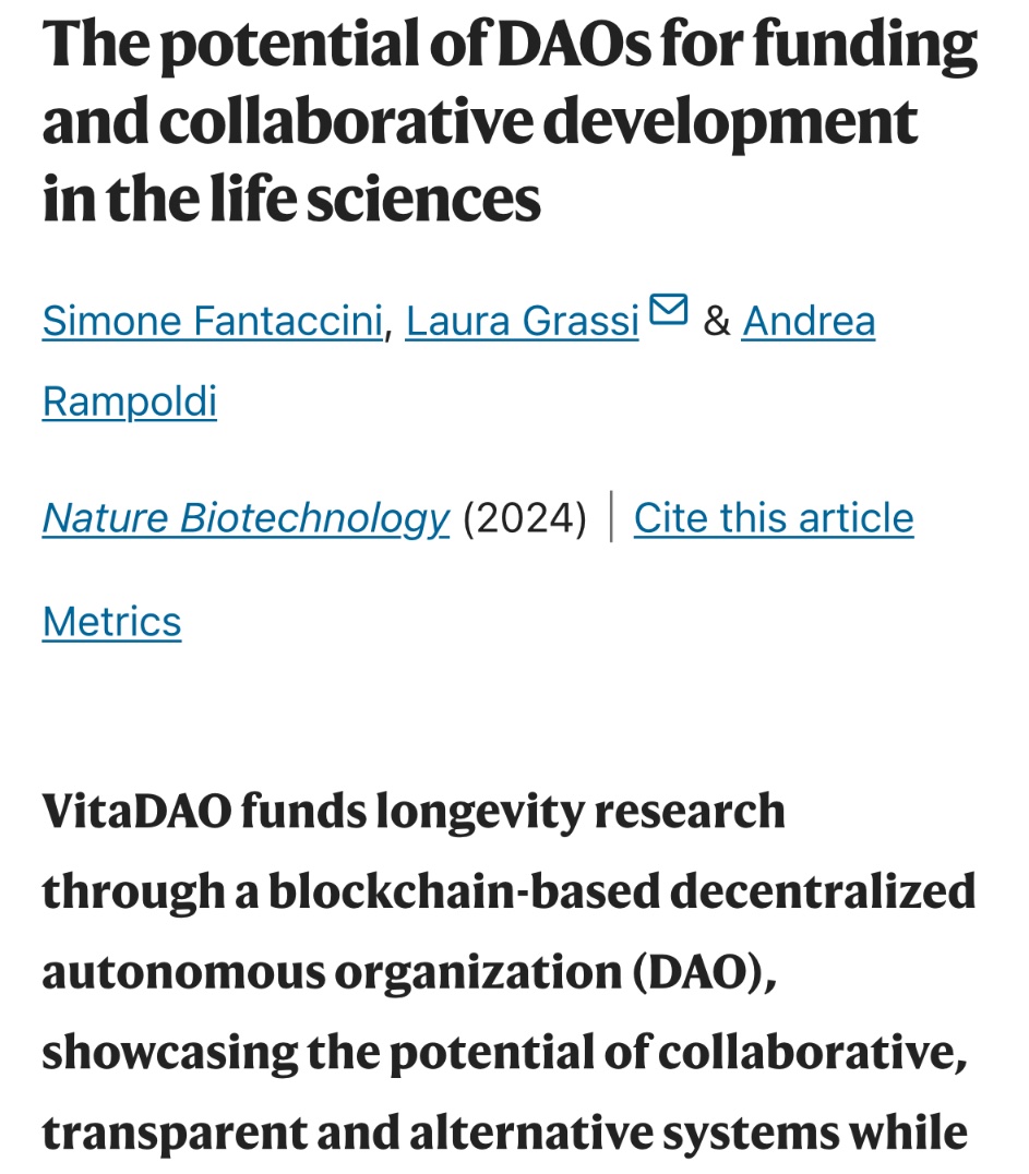 The potential of DAOs for funding and collaborative development in the life sciences “VitaDAO funds longevity research through a blockchain-based decentralized autonomous organization (DAO), showcasing the potential of collaborative, transparent and alternative systems…”…