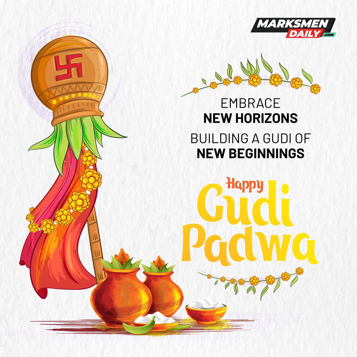 As we raise the Gudi high, let's celebrate the triumph of positivity and the spirit of new beginnings. Wishing you and your loved ones a Happy Gudi Padwa! #GudiPadwa #NewHorizons #NewBeginnings #Prosperity #Celebration #IndianFestival #JoyfulMoments