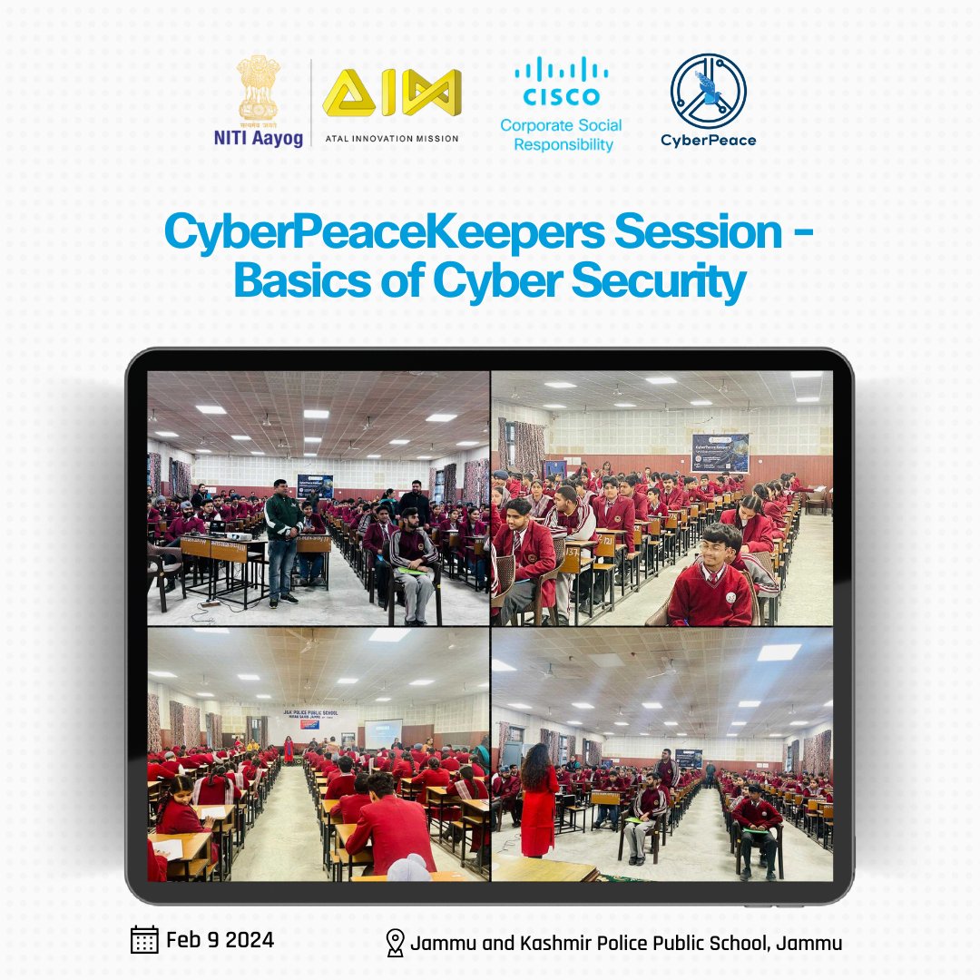 cyberpeacengo's tweet photo. With the objective to educate students of Jammu and Kashmir Police Public School, #Jammu about cyber skills to protect data privacy, risks of cyber threats, and good cyber hygiene practices; @AIMtoInnovate, @cisco_in in association with #CyberPeace☮️ conducted a 'CyberPeace Keepers Session' on the Basics of Cybersecurity.

A big shoutout to the students of Jammu and Kashmir Police Public School for their active participation and enthusiasm. 

#Cybersecurity #CyberPeaceKeepers #DigitalLiteracy #CiscoCSR #cybersecurityawareness
