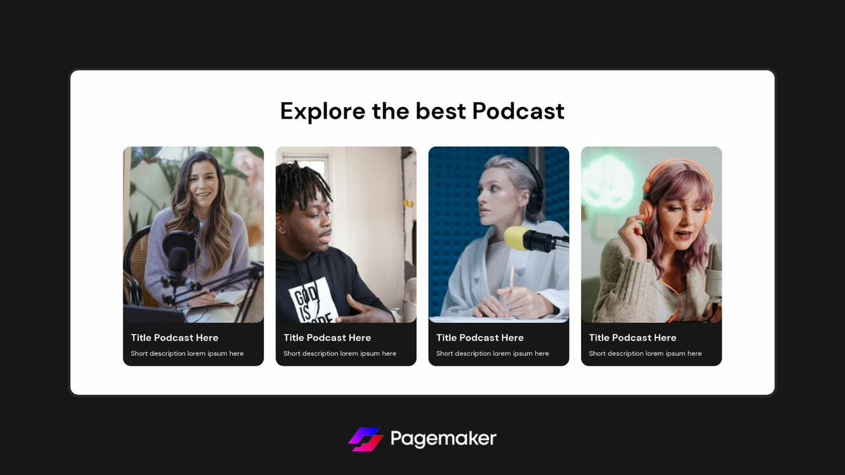 Showcase Your Podcast Library Using This Grid Section from the Pagemaker Module Template.

Module Name: Vargas

Preview Full Template: podcast.pagemaker.link

#podcasts #GRID #Template #design #GraphicDesign #webpage #explore #designer