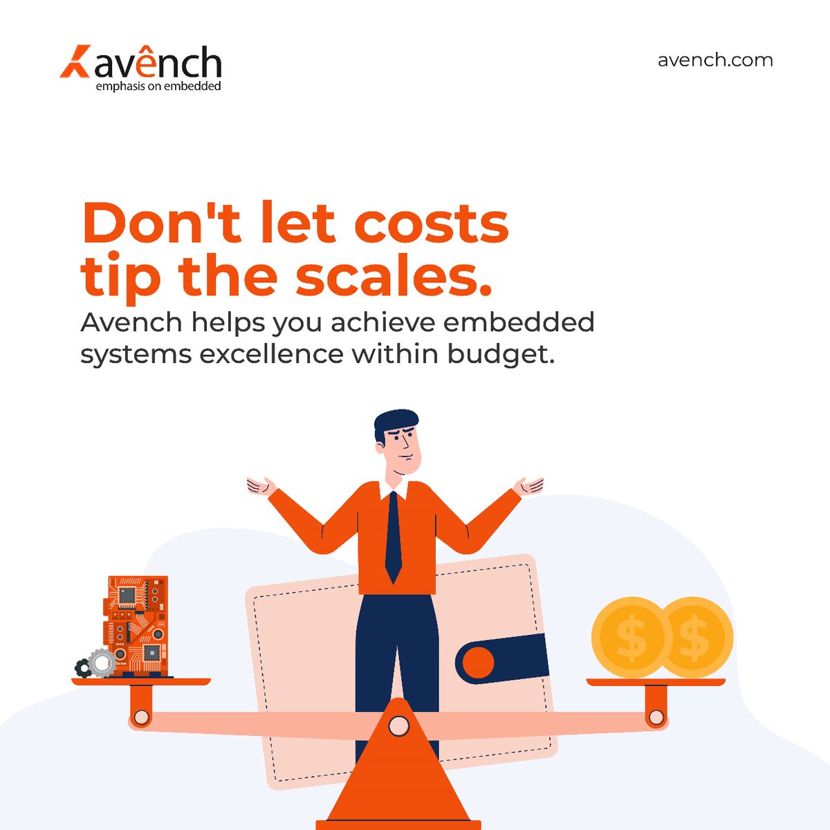 Keep embedded systems design costs in check with Avench: Feasibility assessments, value engineering, and clear communication ensure your project meets budget without sacrificing quality. avench.com #avenchsystem #embeddedsystems #IOTsystem #microcontrollers