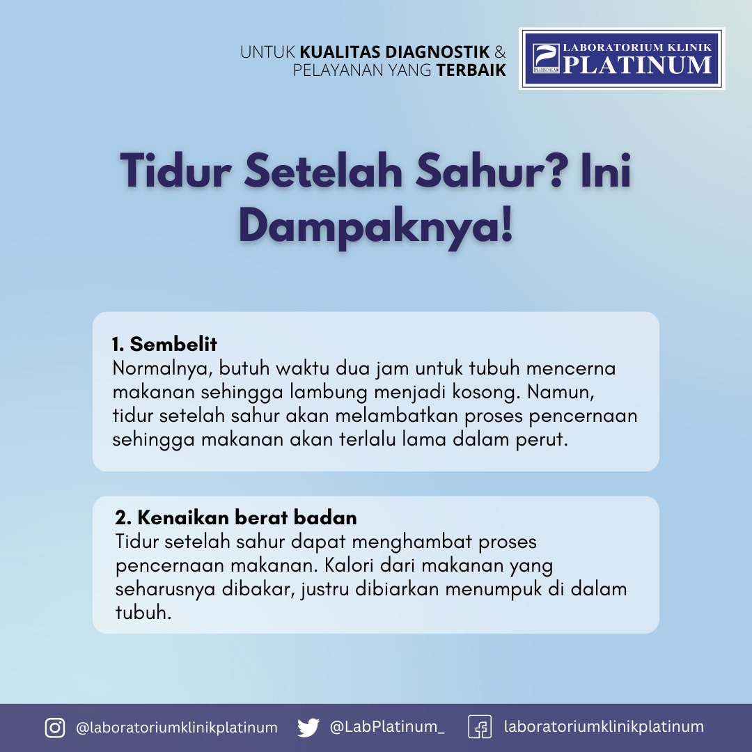 LabPlatinum_'s tweet photo. Tidur Setelah Sahur? Ini Dampaknya!
Jika kamu langsung berbaring dan tidur setelah sahur, makanan berisiko kembali naik hingga memicu heartburn. Tak hanya itu saja, berikut adalah dampak lainnya untuk kesehatan! #healthylifestyle #HealthTips #Ramadan2024 https://t.co/h577araspX