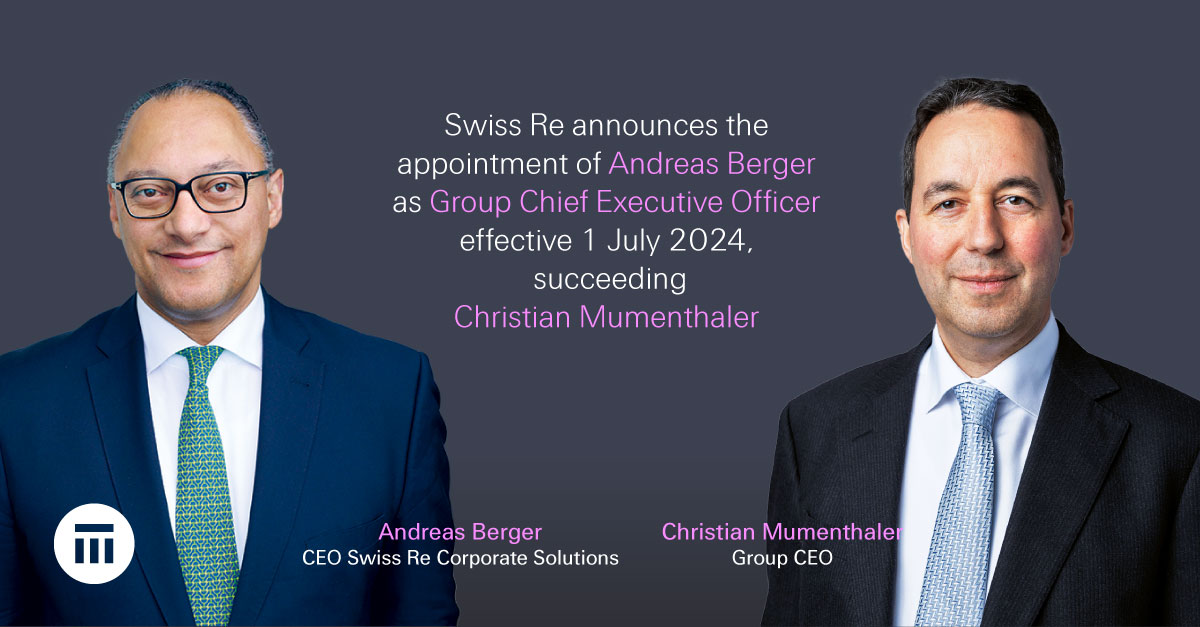 Swiss Re announces the appointment of Andreas Berger as Group CEO, effective 1 July 2024. He will take over from Christian Mumenthaler, who has held this role for 8 years and has spent over 25 years with the company. Read the press release for details: ow.ly/wlVR50R7a4J.