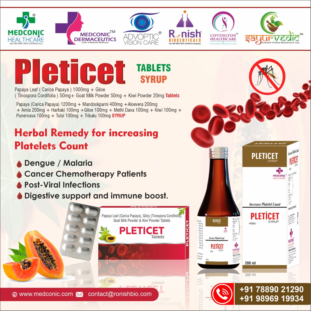 🌿 Discover the power of nature with PLETICET TAB! 

Our unique blend of Papaya Leaf, Giloe, Goat Milk Powder, and Kiwi Powder offers holistic wellness in every tablet.

#PleticetTab #MedconicHealthcare #PCDPharma #NaturalHealth #WellnessJourney #HealthyLiving #HerbalSupplements
