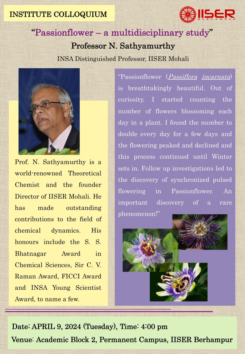 Lecture Series by Professor N. Sathyamurthy on 8-9 April 2024 #IISERBerhampur
