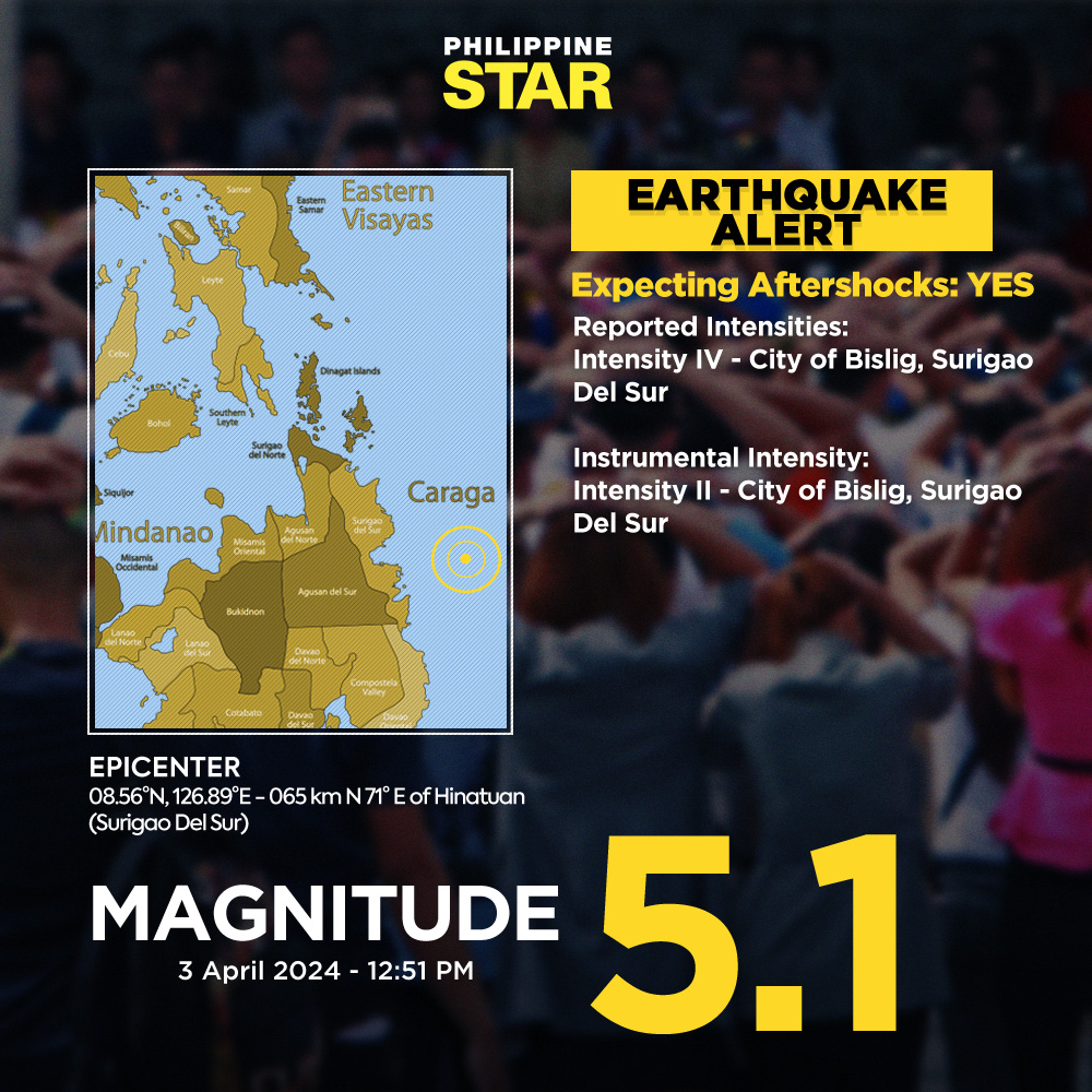 A magnitude 5.1 earthquake jolted Hinatuan in Surigao Del Sur at 12:51 PM on Wednesday, according to Phivolcs. #Lindol #EarthquakePH