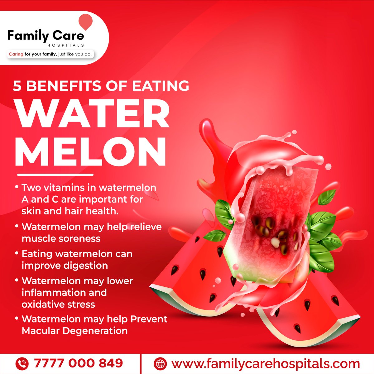 Watermelon is refreshing and delicious food which contains high percentage of water which help us to remain hydrated, Here are the benefits of eating watermelon. 

#FCH #Familycare #FamilyCareHospitals #benefitsofwatermelon #Nutrition #NutritionFacts #Watermelon #Watermelonsalad