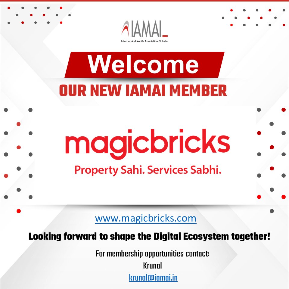 IAMAI is proud to welcome Magicbricks to our esteemed community! Discover MagicBricks at magicbricks.com, your ultimate destination for all your real estate needs. #MagicBricks #IAMAI #RealEstate #PropertyPortal #Proptech