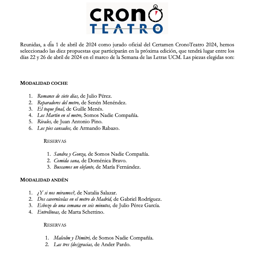 ¡Ya está aquí! ¡Ya llegó! 
Aquí tenéis la selección de 2024 para #CronoTeatro Enhorabuena a las propuestas seccionadas y muchas gracias a todas las presentadas. 

A partir del día 22 invadimos <a href="/metro_madrid/">Metro de Madrid</a> desde <a href="/unicomplutense/">Complutense</a>  <a href="/culturacomplu/">Cultura Complutense</a>