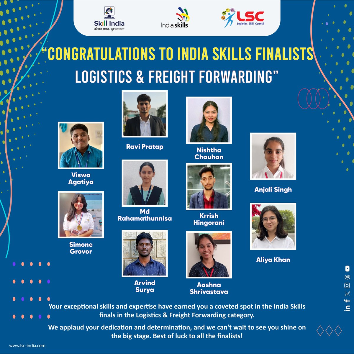 🎉 Congratulations to our outstanding finalists! 

Your exceptional skills and expertise have earned you a coveted spot in the India Skills finals in the Logistics & Freight Forwarding category. 🚚 We applaud your dedication and determination, 
#lsc #logistics #freightforwarding