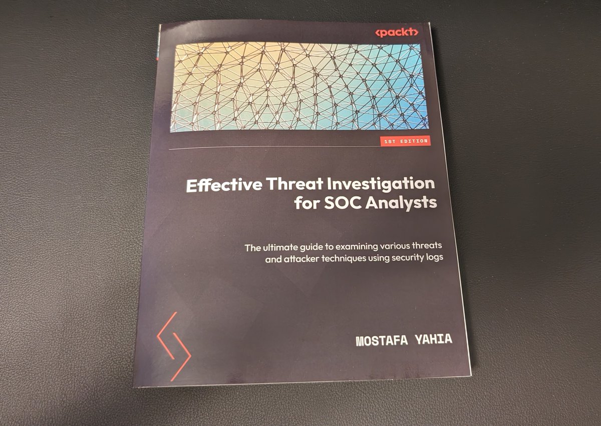 DfirDiva's tweet image. Packt recently sent me the book Effective Threat Investigation for SOC Analysts by Mostafa Yahia

I think this book is great! You&apos;re given instructions on setting up a SIEM solution and information about the datasets used throughout the book so you can practice hands-on. There is…
