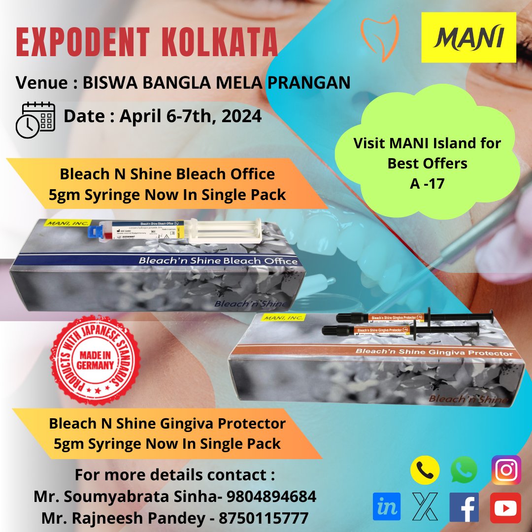 ManiMedicalInd's tweet photo. #Expodent #Kolkata๐
Date: April 6-7th, 2024๐๏ธ
Visit #MANI Island A-17 & get #Exciting Offers๐
Venue: Biswa Bangla Mela Prangan๐
#MANI A BRAND WITH 65+YEARS OF TRUST๐
"The Best quality In The World, To The World"๐
#Aditi #JIZAI #dentist #dentistry #dentalcare #dentistofindia https://t.co/rbrkimmgEi