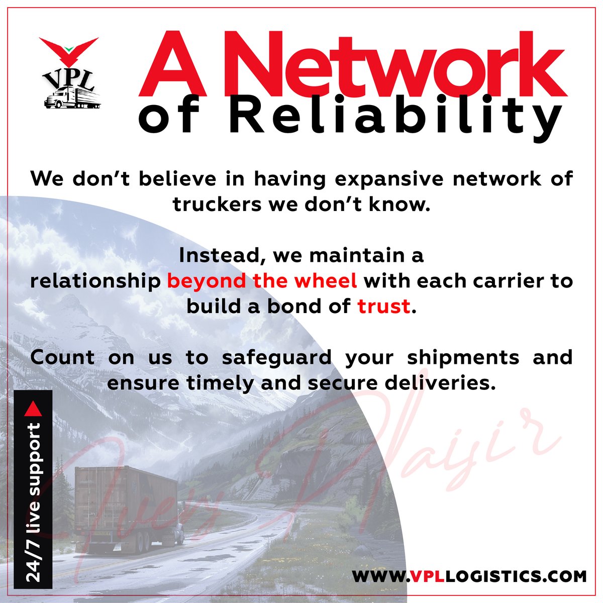 A Network of Reliability

We don’t believe in having expansive network of truckers we don’t know. Instead, we maintain a relationship beyond the wheel with each carrier to build a bond of trust.

#vensplailogistics #VPL #TransportationServices