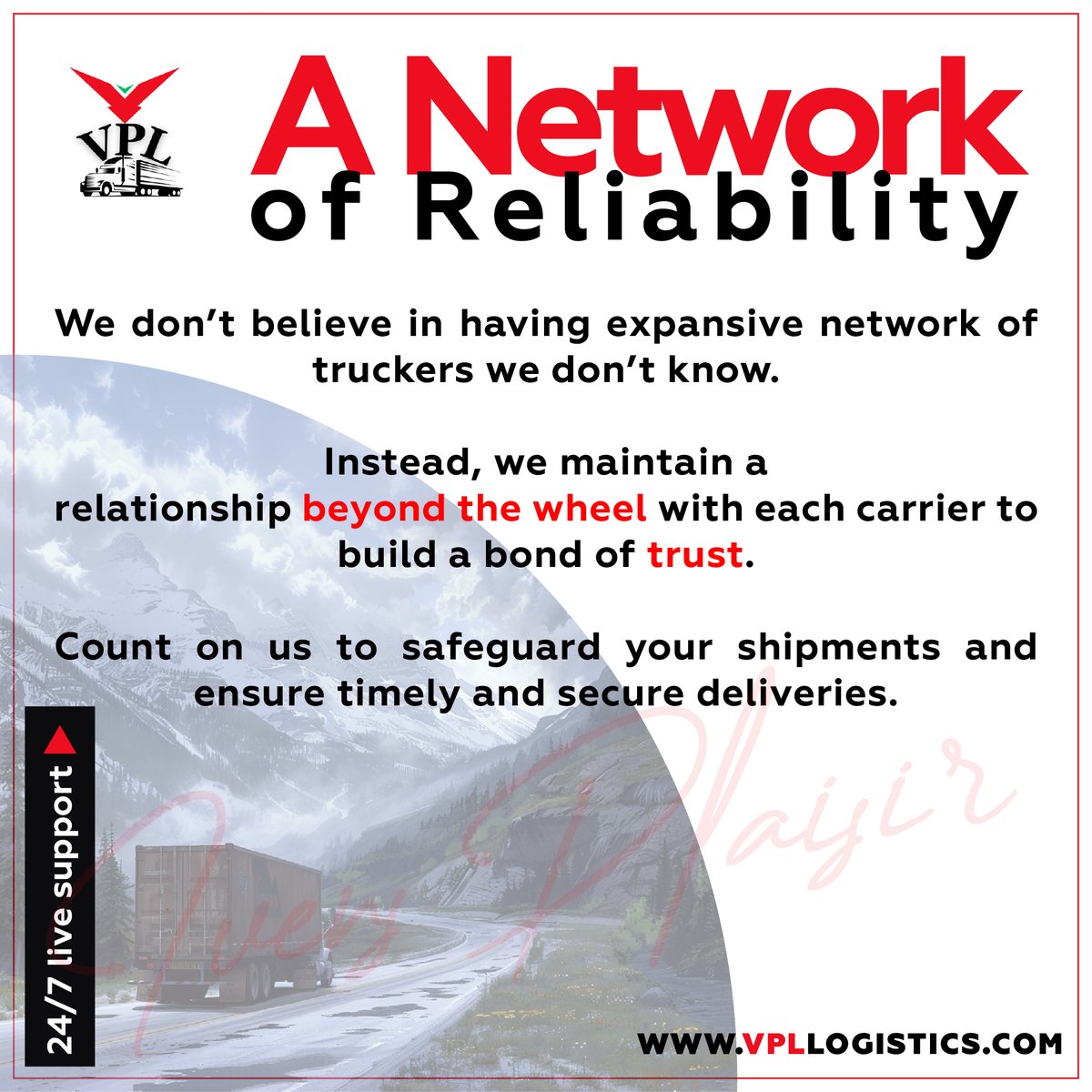 vpllogistics's tweet photo. A Network of Reliability

We don’t believe in having expansive network of truckers we don’t know. Instead, we maintain a relationship beyond the wheel with each carrier to build a bond of trust.

#vensplailogistics #VPL #TransportationServices https://t.co/J5usr9OOwQ