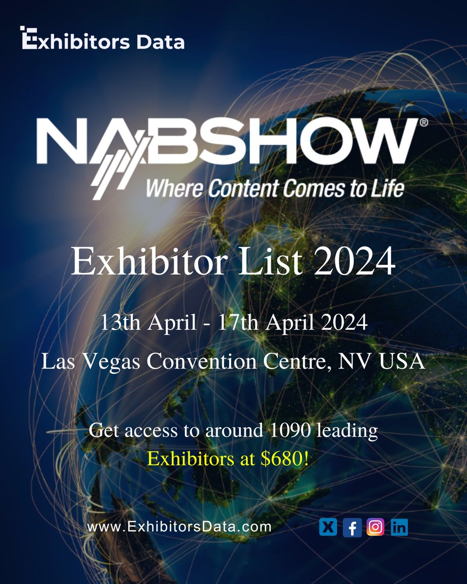 NAB Show 2024 is an annual trade show and conference that helps in the convergence of media, entertainment, and technology. Connect with industry leaders.

visit: exhibitorsdata.com/product/nab-sh…

#nabshow #nabshow2024 #technology #nevada #eventslist #exhibitorsdata #exhibitorslist