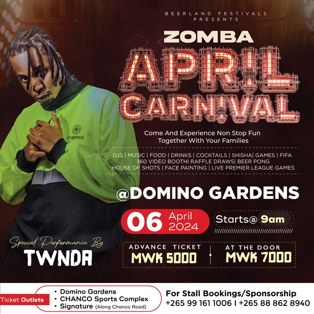 TibrahMw's tweet photo. April Carnival is Here Zomba People 🔥🔥🔥🙌 Achina @GMsauka and @slimmammie  Let's go Tisajombetu cause this gonna be Fire🔥 🔥 🔥 🔥

Malinga and Twnda will be there Live at Domino Gardens.

#ZombaBeerland 
#ZombaEvents 
#ZombaAprilCarnival https://t.co/0DEq0rHhnh
