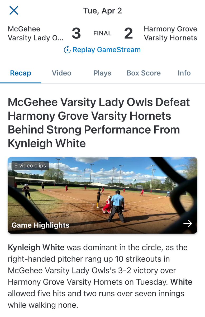 Kynleigh White (@kynleighwhite08) on Twitter photo Tonight, in our 8th game of the season, I pitched a win against Harmony Grove 3-2! I threw 85 strikes with a total of 115 pitches, and throughout 7 innings, I faced 28 batters with 10 strikeouts and one walk. <a href="/SBLiveSports/">High School on SI</a> <a href="/D1Softball/">D1Softball</a> <a href="/k_sutherlandAR/">Kyle Sutherland</a> <a href="/GCsports/">GroupChat Sports</a> <a href="/FinleyTobi/">Tobi Allason Koonce</a> Tonight, in our 8th game of the season, I pitched a win against Harmony Grove 3-2! I threw 85 strikes with a total of 115 pitches, and throughout 7 innings, I faced 28 batters with 10 strikeouts and one walk. <a href="/SBLiveSports/">High School on SI</a> <a href="/D1Softball/">D1Softball</a> <a href="/k_sutherlandAR/">Kyle Sutherland</a> <a href="/GCsports/">GroupChat Sports</a> <a href="/FinleyTobi/">Tobi Allason Koonce</a>