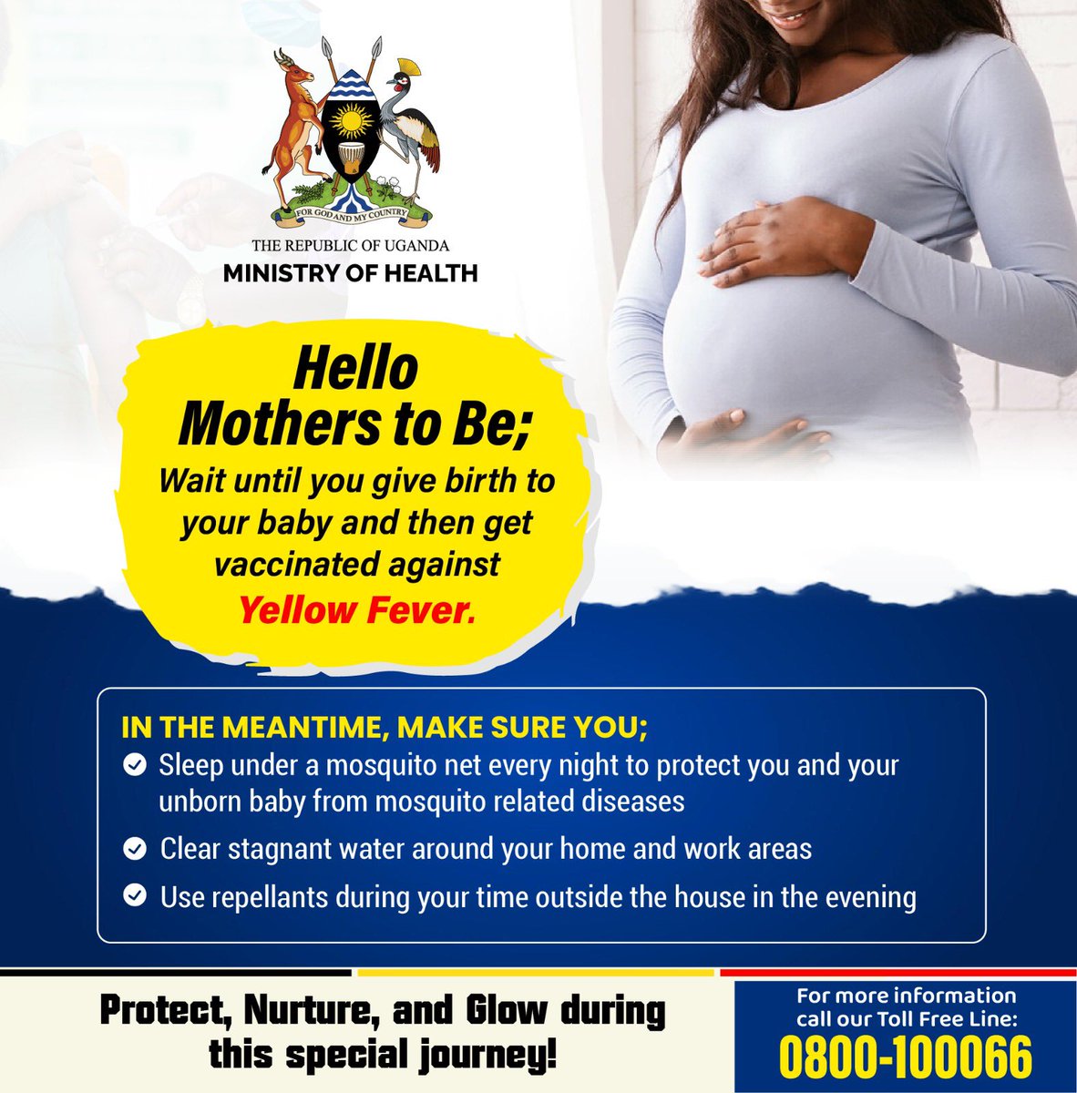 Attention expecting moms! It's safest to wait until after giving birth to get vaccinated against Yellow Fever. In the meantime, prioritize your health and safety by taking necessary precautions. #YellowFeverFreeUG