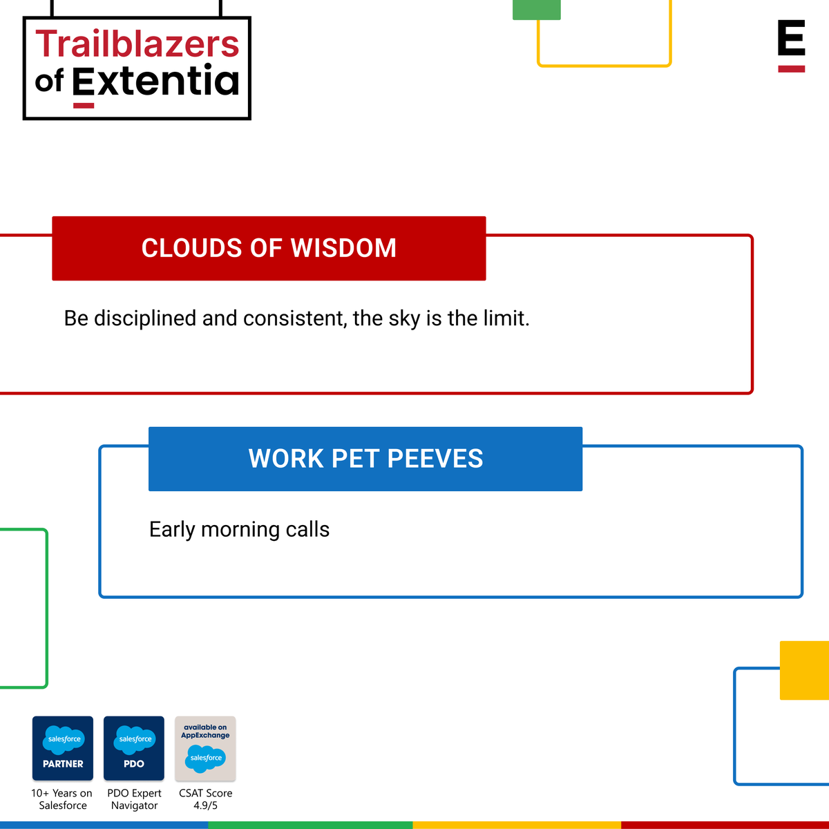 Extentia_Cloud's tweet photo. My   experience has been filled with fun technical challenges and an understanding of different perspectives, working with customers across the globe.
With excitement for the upcoming #AnnualParty, I look forward to celebrating many milestones at Extentia.
#Salesforce #Astro https://t.co/WQ3lNqa97J