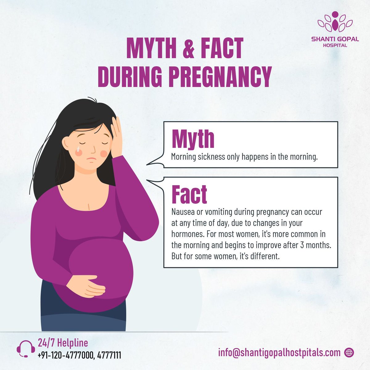 There's a common misconception that morning sickness is strictly confined to the morning hours during pregnancy. However, the reality is far more nuanced. Nausea and vomiting can occur at any time of the day due to hormonal fluctuations.
.
.
.
.
.

.
.
.

 #shantigopalhospital