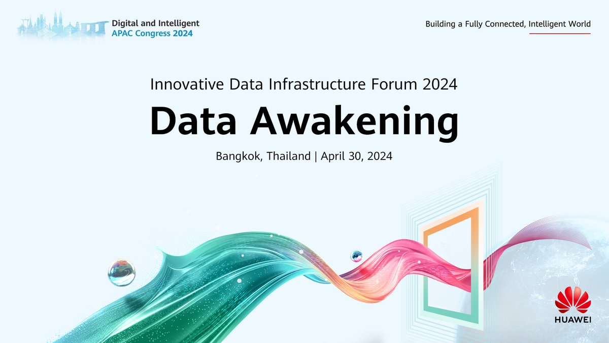 HuaweiEntAPAC's tweet image. Be part of the future and a #DataAwakening at Huawei Innovative Data Infrastructure Forum, a pivotal summit of Digital and Intelligent APAC Congress 2024. Get ready for the intelligent age:

⏰ April 30, 2024
📍 Bangkok, Thailand
💡 Data Awakening🎫 

Secure your spot:…