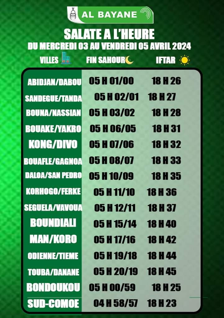 YaqineD's tweet photo. #AMNY_INFO: Les heures de fin de prise du Sahour et de rupture du jeûne, du mercredi 03 au vendredi 05 avril 2024 en Côte d'Ivoire
Source : calendrier Alpha

#sahour #iftar #civ #ramadan #albayane 
https://t.co/Q3ibtB8TT1 https://t.co/lrvZVTXGVa