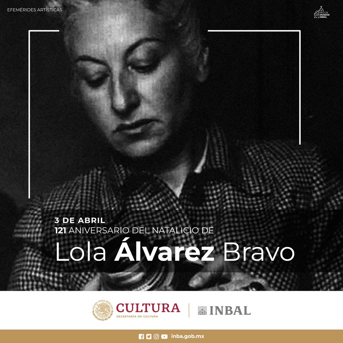 Hoy recordamos a la fotógrafa mexicana Lola Álvarez Bravo.  Se desempeñó como reportera gráfica, fotógrafa comercial y documental, retratista profesional y artista plástica. Destacan sus imágenes documentales de la vida cotidiana, sus fotomontajes y fotomural.
#redmuseosINBAL